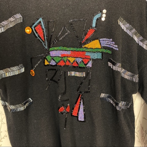 VINTAGE SPREE INT’L Black Sequin 80’s Ramie Cotton Sweater Large - Picture 4 of 11